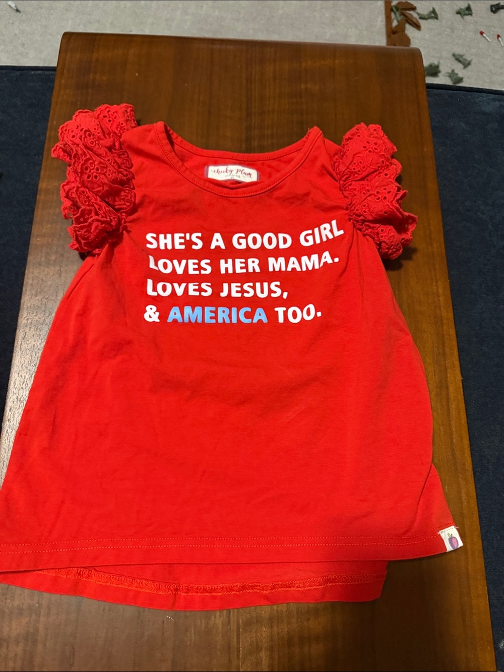 cheeky plum Red Graphic Ruffle Sleeve Tee new / no tags